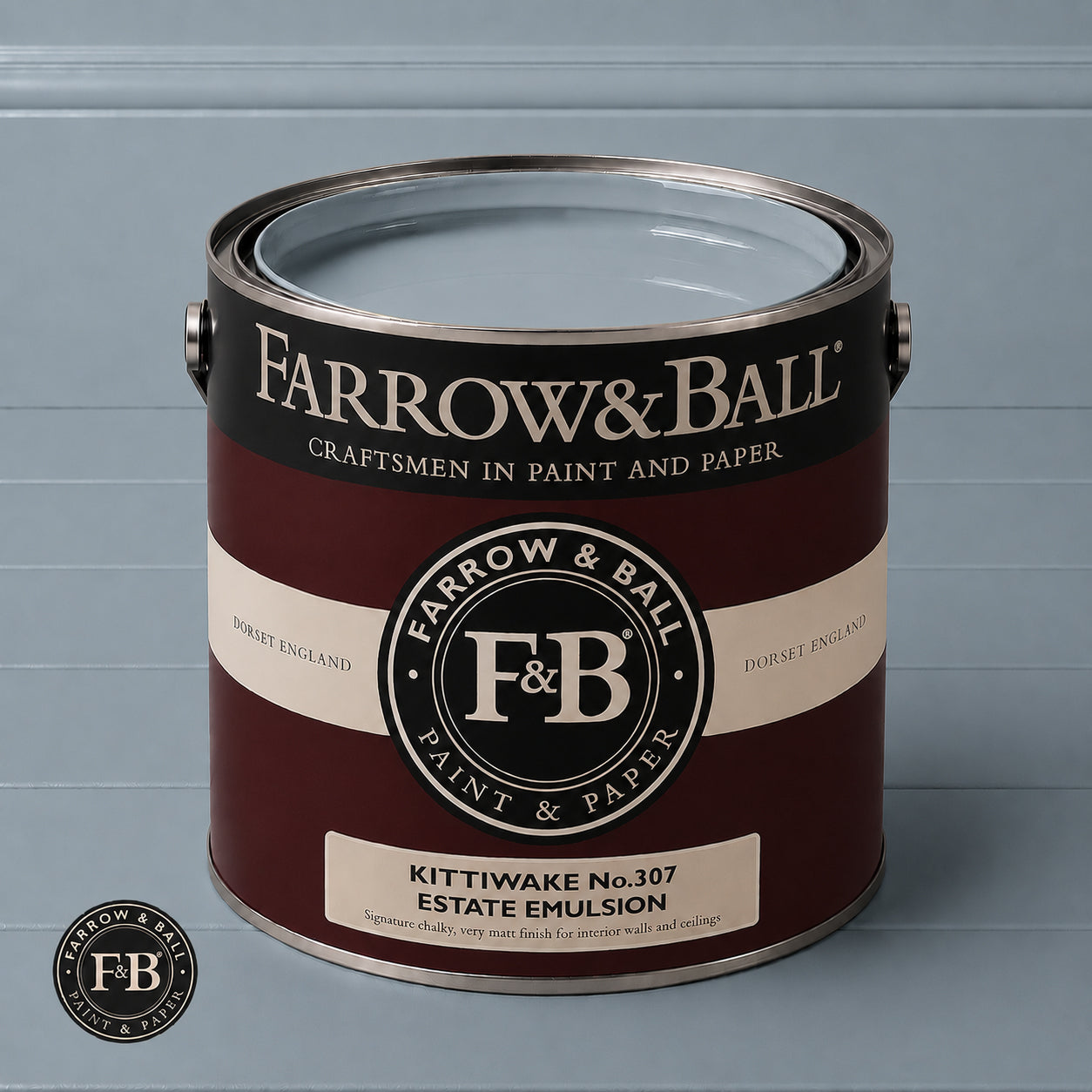 Farrow & Ball Kittiwake No.307 Estate Emulsion paint colour sample and paint tin