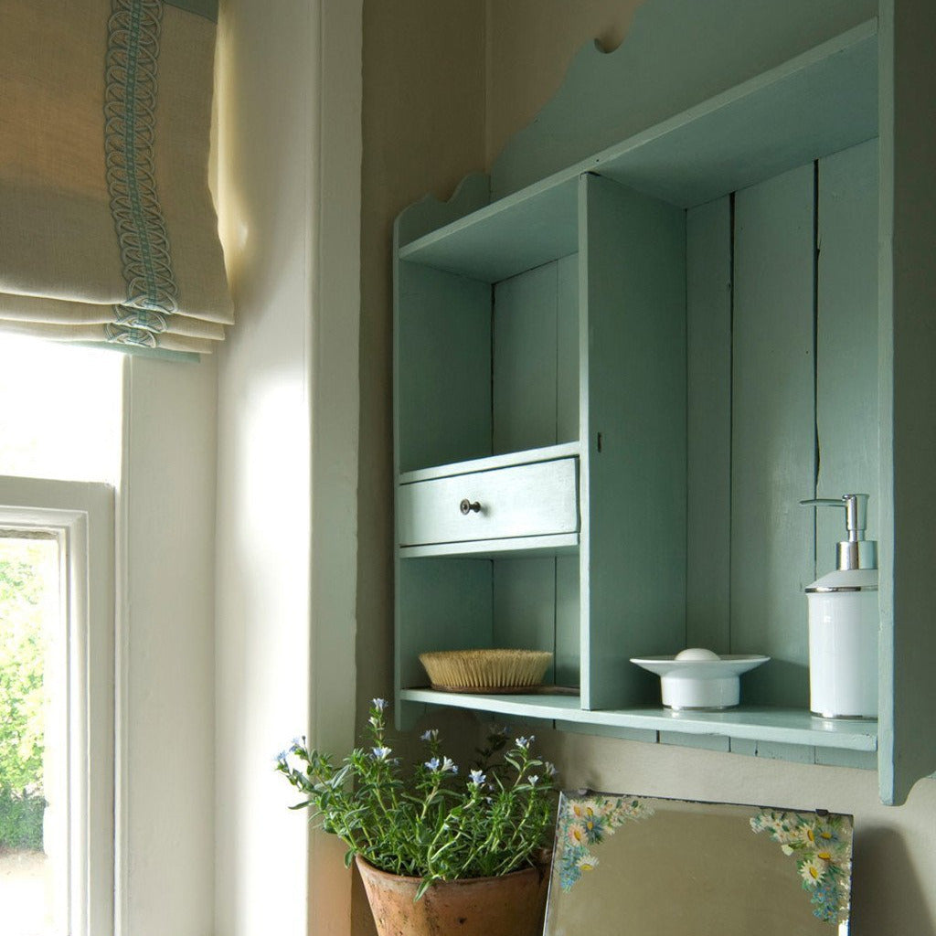 bathroom wall cabinet painted in Farrow & Ball Green Blue No.84