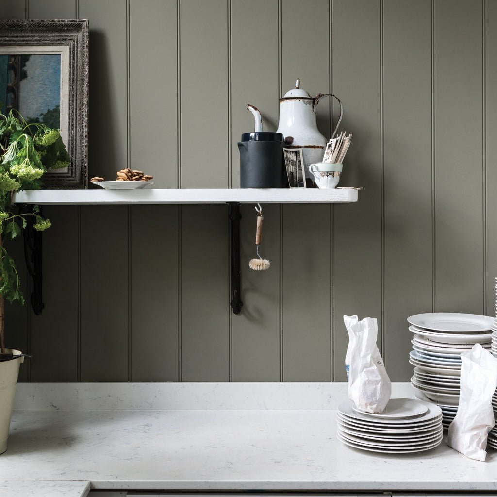 Kitchen backsplash / wainscotting painted in Farrow & Ball Treron® No.292