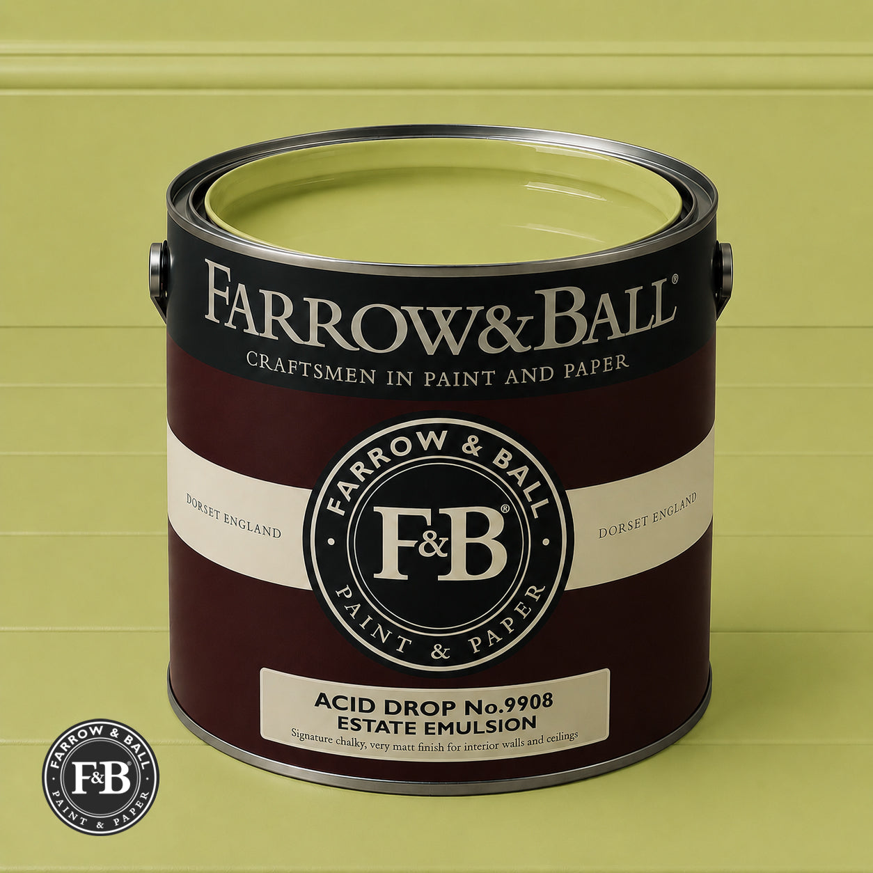 Farrow & Ball Acid Drop No.9908 Estate Emulsion paint colour sample and paint tin