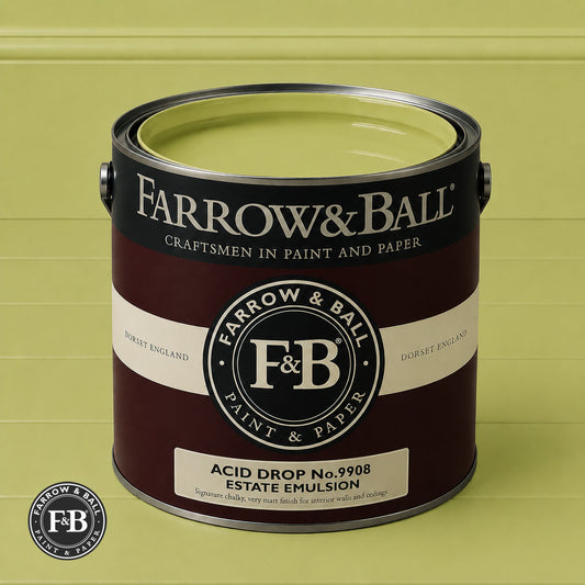 Farrow & Ball Acid Drop No.9908 Estate Emulsion paint colour sample and paint tin