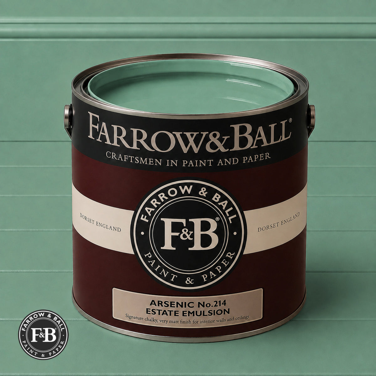 Farrow & Ball Arsenic No.214 paint colour in open paint tin