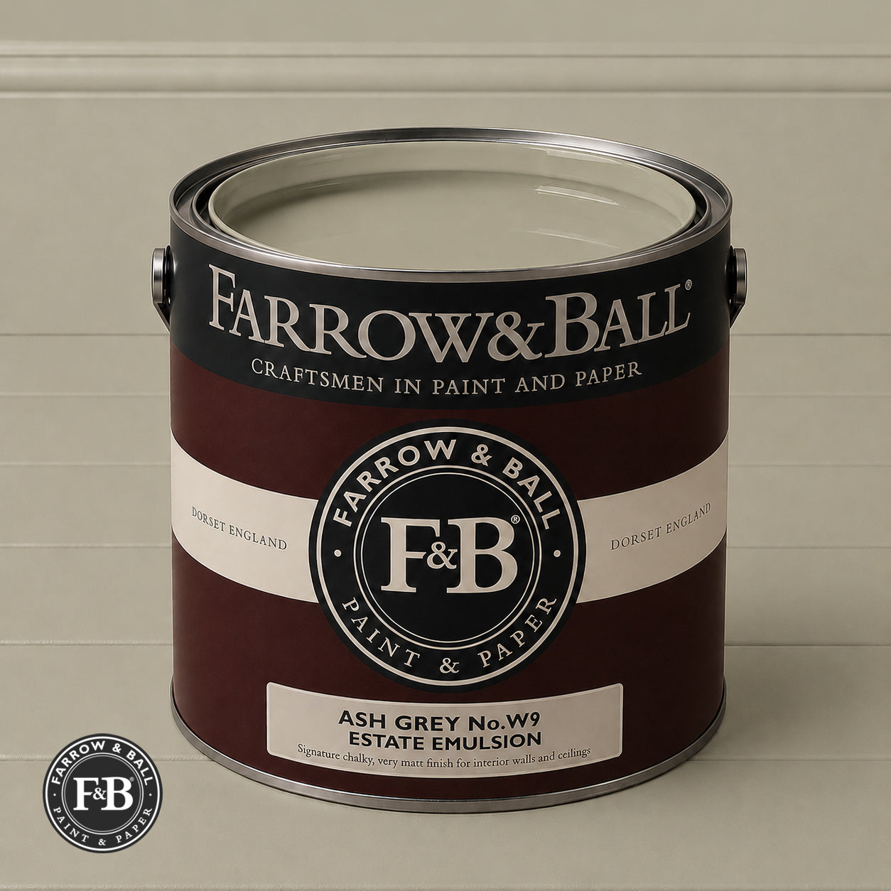 Farrow & Ball Snow White No.W9 Estate Emulsion paint colour sample and paint tin
