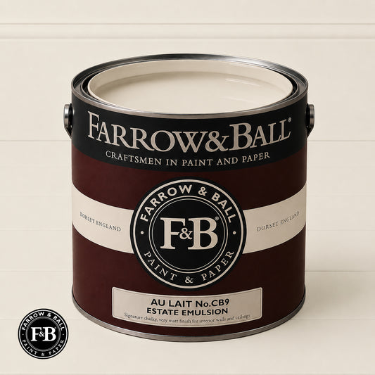 Farrow & Ball Au Lait No.CB9 Estate Emulsion paint colour sample and paint tin