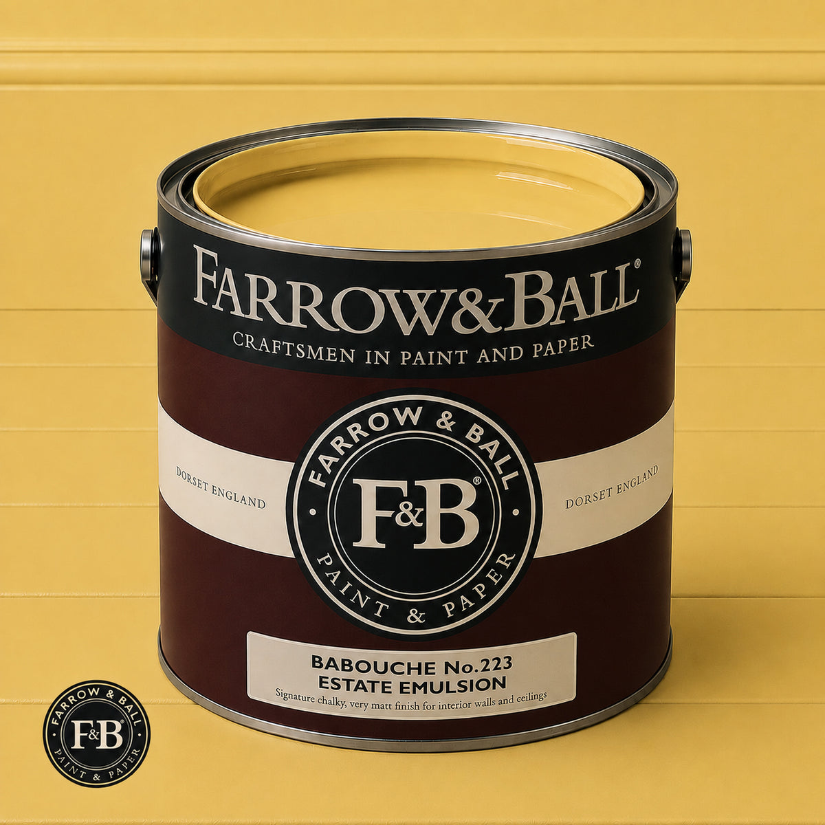 Farrow & Ball Babouche No.223 paint colour in open paint tin