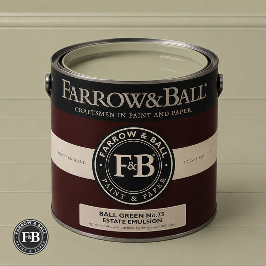 Farrow & Ball Ball Green No.75 Estate Emulsion paint colour sample and paint tin

