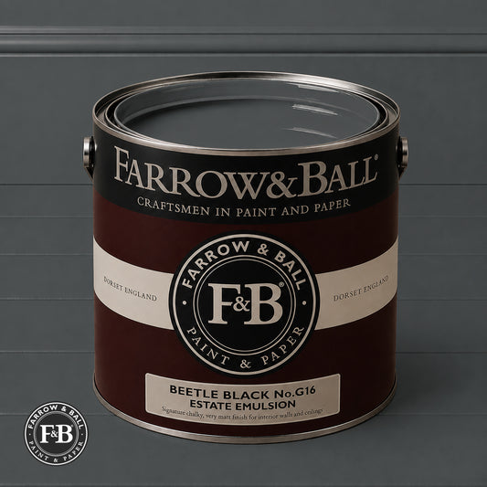 Farrow & Ball Beetle Black No.G16 Estate Emulsion paint colour sample and paint tin