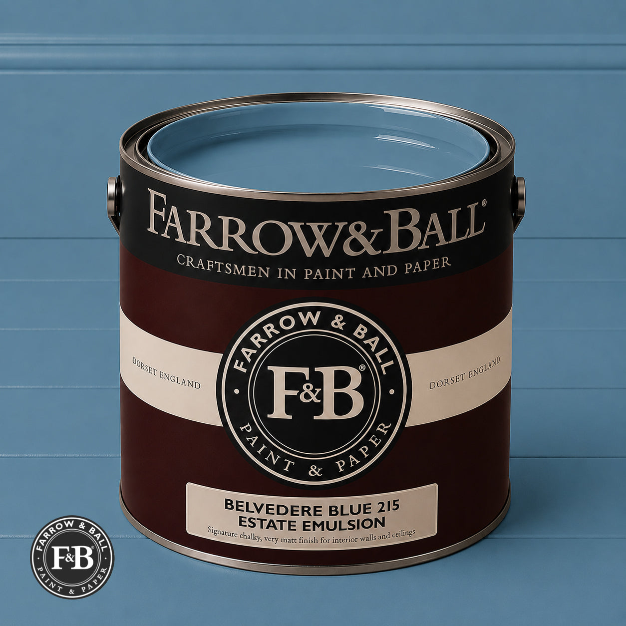 Farrow & Ball Belvedere Blue No.215 Estate Emulsion paint colour sample and paint tin
