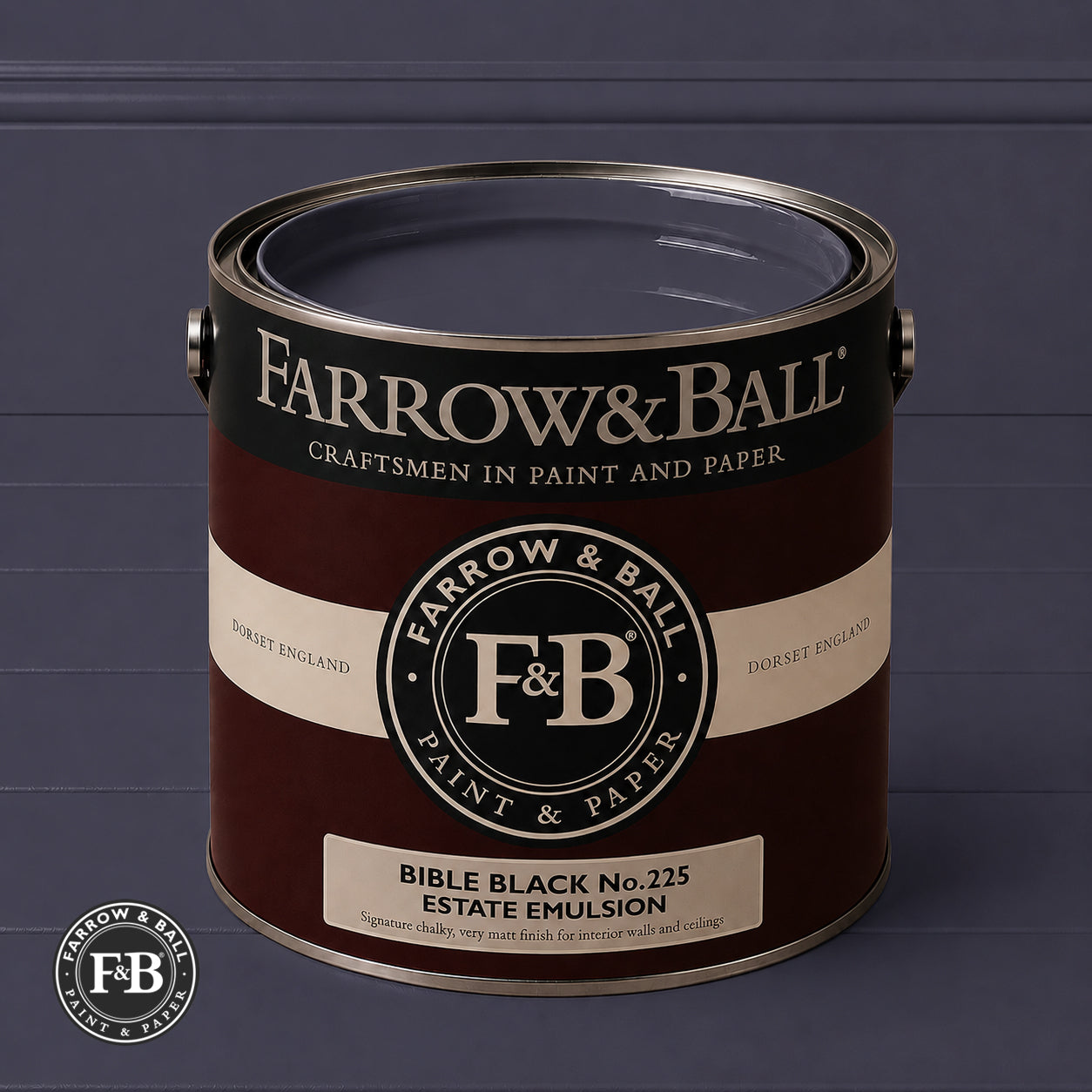 Farrow & Ball Bible Black No.225 Estate Emulsion paint colour sample and paint tin
