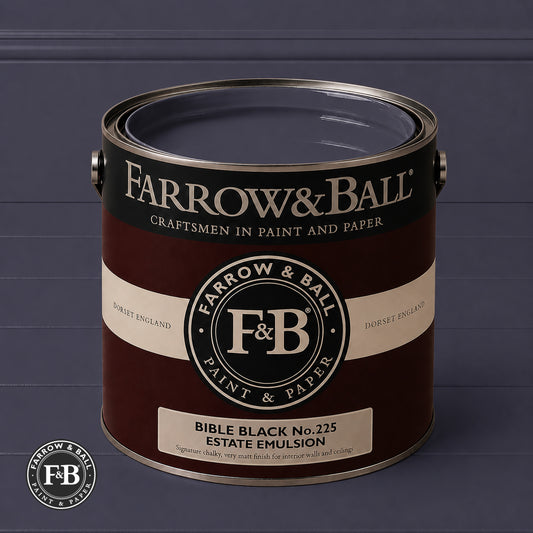 Farrow & Ball Bible Black No.225 Estate Emulsion paint colour sample and paint tin
