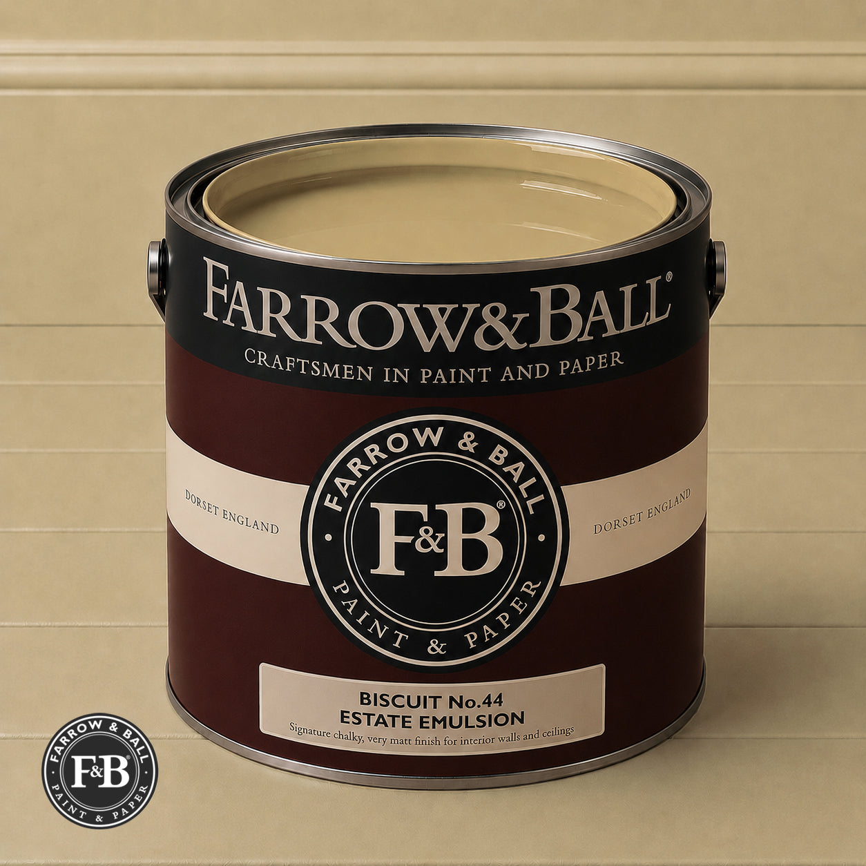 Farrow & Ball Biscuit No.44 Estate Emulsion paint colour sample and paint tin
