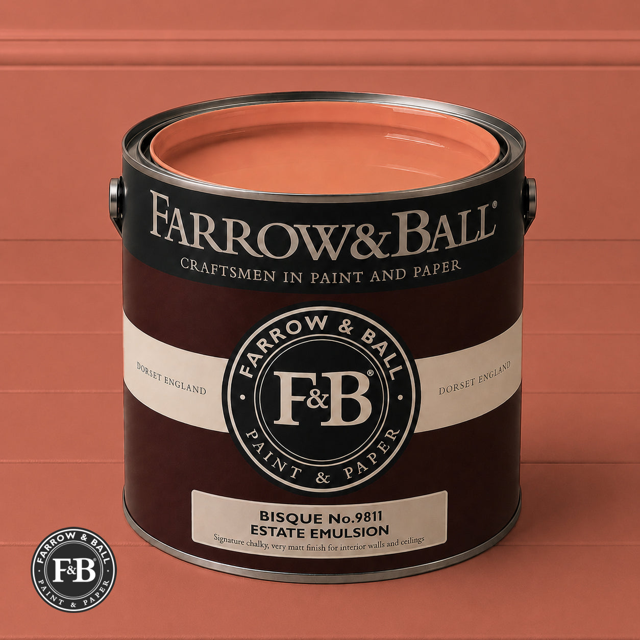 Farrow & Ball Bisque No.9811 Estate Emulsion paint colour sample and paint tin
