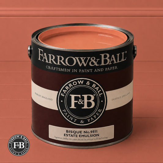Farrow & Ball Bisque No.9811 Estate Emulsion paint colour sample and paint tin
