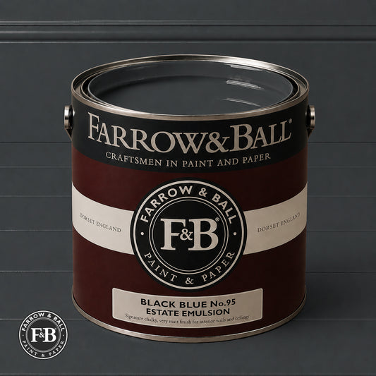 Farrow & Ball Black Blue No.95 Estate Emulsion paint colour sample and paint tin