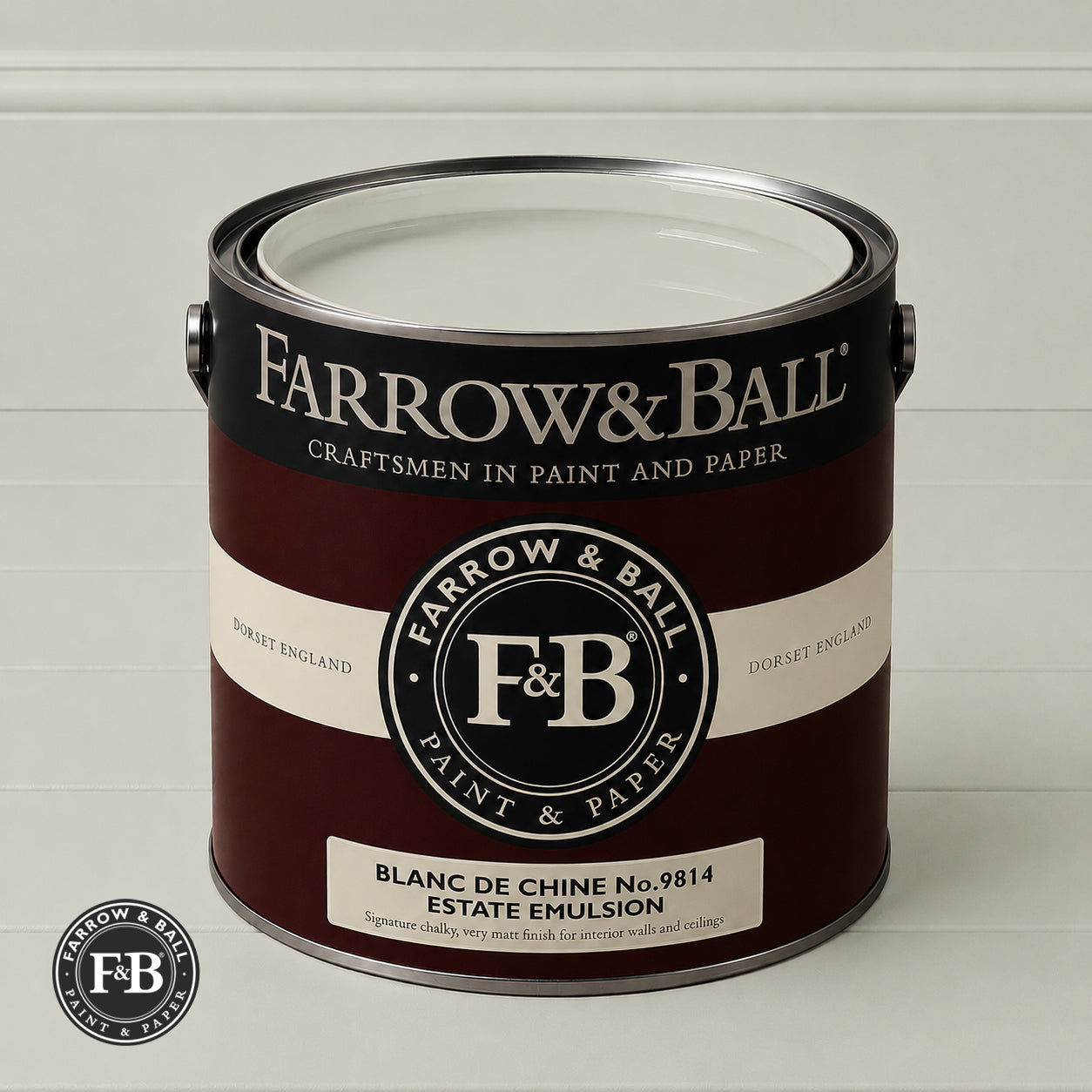 Farrow & Ball Blanc De Chine No.9814 Estate Emulsion paint colour sample and paint tin
