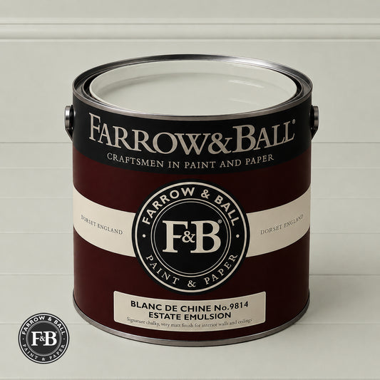 Farrow & Ball Blanc De Chine No.9814 Estate Emulsion paint colour sample and paint tin
