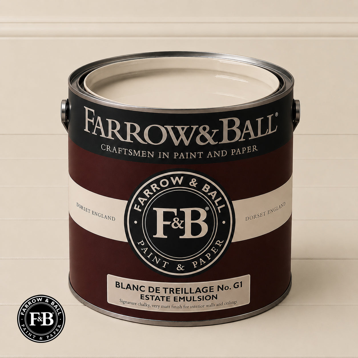Farrow & Ball Blanc De Treillage No.G1 Estate Emulsion paint colour sample and paint tin