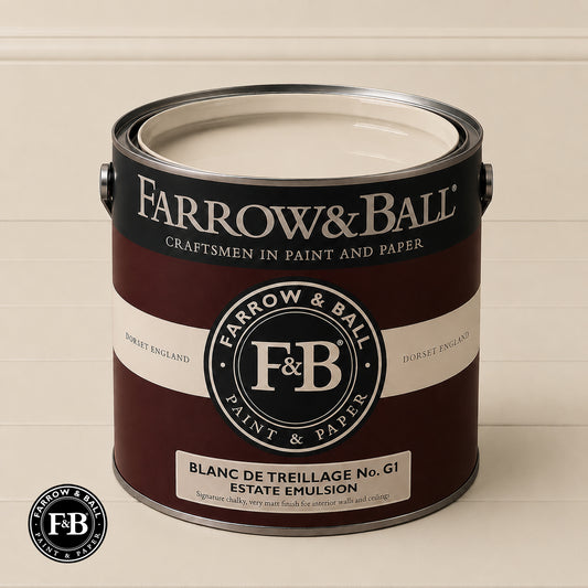Farrow & Ball Blanc De Treillage No.G1 Estate Emulsion paint colour sample and paint tin
