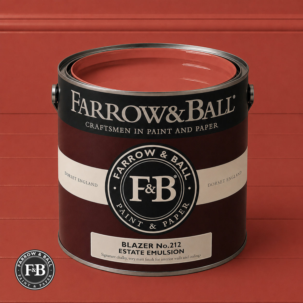 Farrow & Ball Blazer Roof No.212 Estate Emulsion paint colour sample and paint tin
