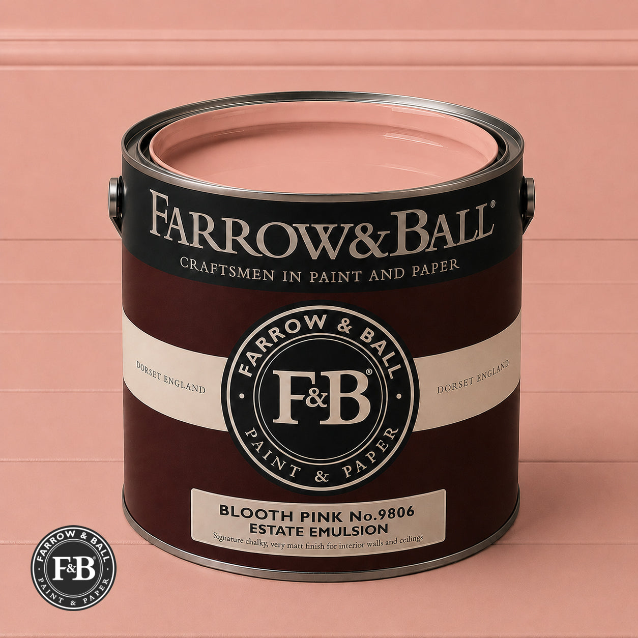 Farrow & Ball Blooth Pink No.9806 Estate Emulsion paint colour sample and paint tin
