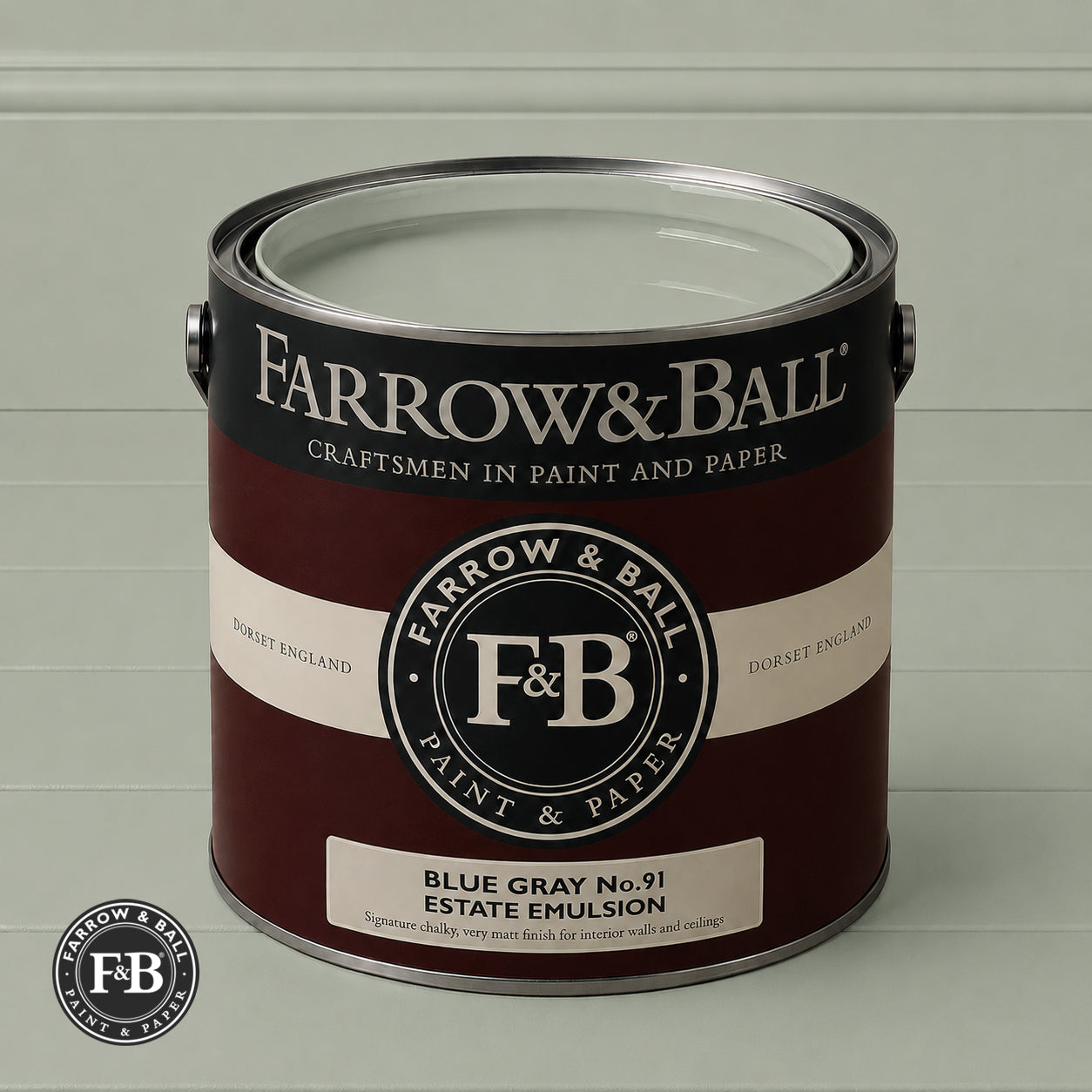 Farrow & Ball Blue Gray No.91 paint colour in open paint tin