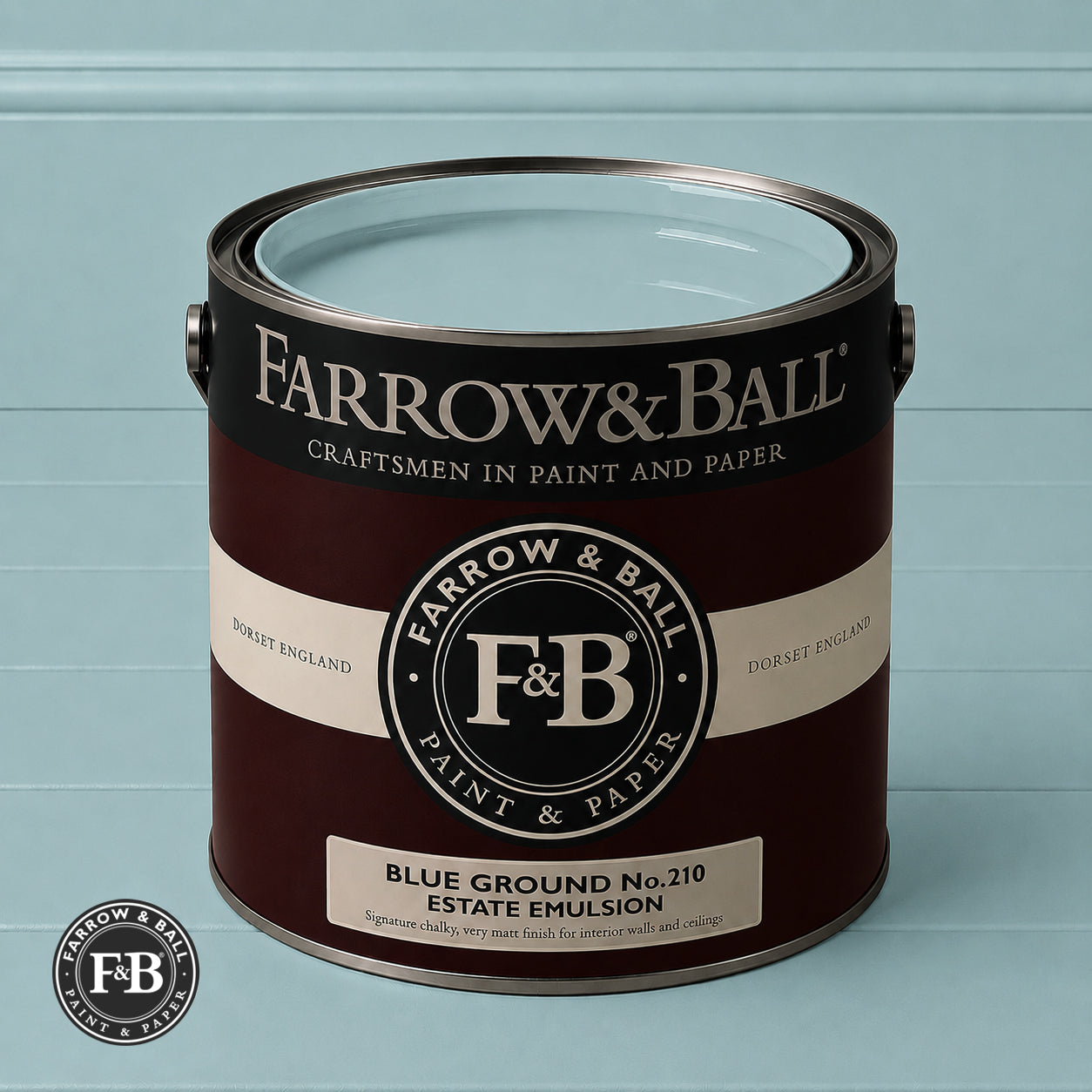 Farrow & Ball Blue Ground No.209 Estate Emulsion paint colour sample and paint tin
