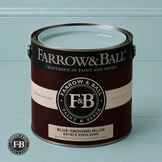 Farrow & Ball Blue Ground No.209 Estate Emulsion paint colour sample and paint tin
