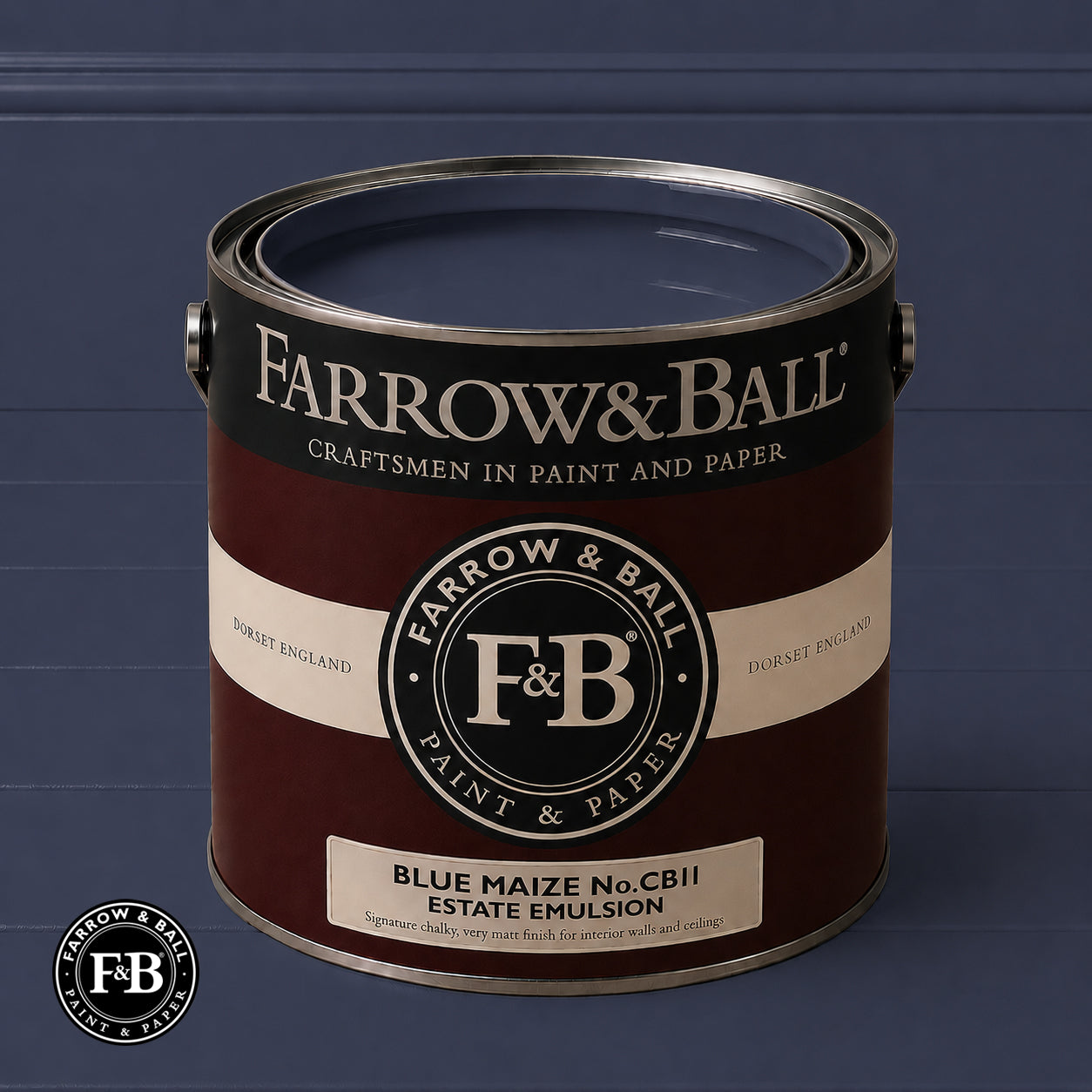 Farrow & Ball Blue Maize No.CB11 Estate Emulsion paint colour sample and paint tin