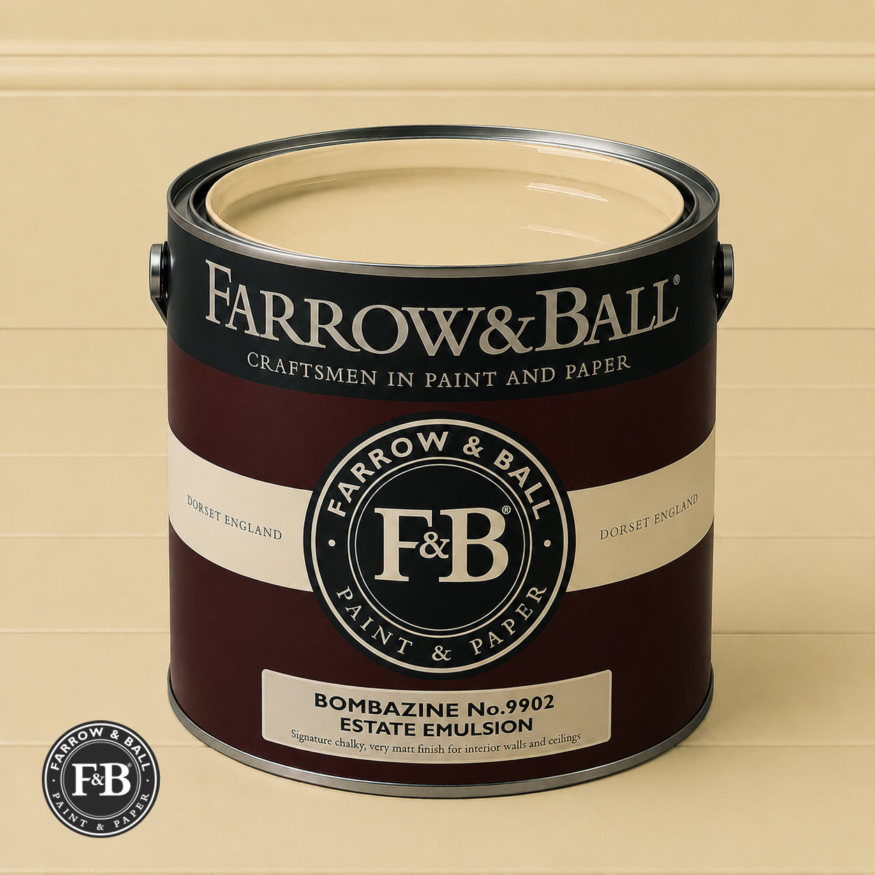 Farrow & Ball Bombazine No.9902 Estate Emulsion paint colour sample and paint tin
