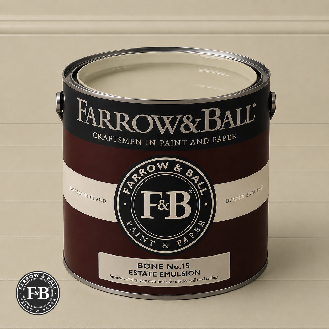 Farrow & Ball Bone No.15 Estate Emulsion paint colour sample and paint tin
