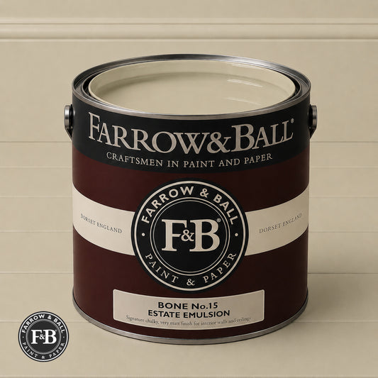 Farrow & Ball Bone No.15 Estate Emulsion paint colour sample and paint tin

