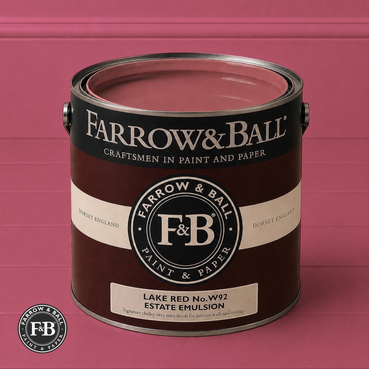 Farrow & Ball Lake Red No.W92 Estate Emulsion paint colour sample and paint tin
