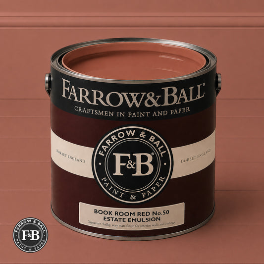 Farrow & Ball Book Room Red No.50 Estate Emulsion paint colour sample and paint tin
