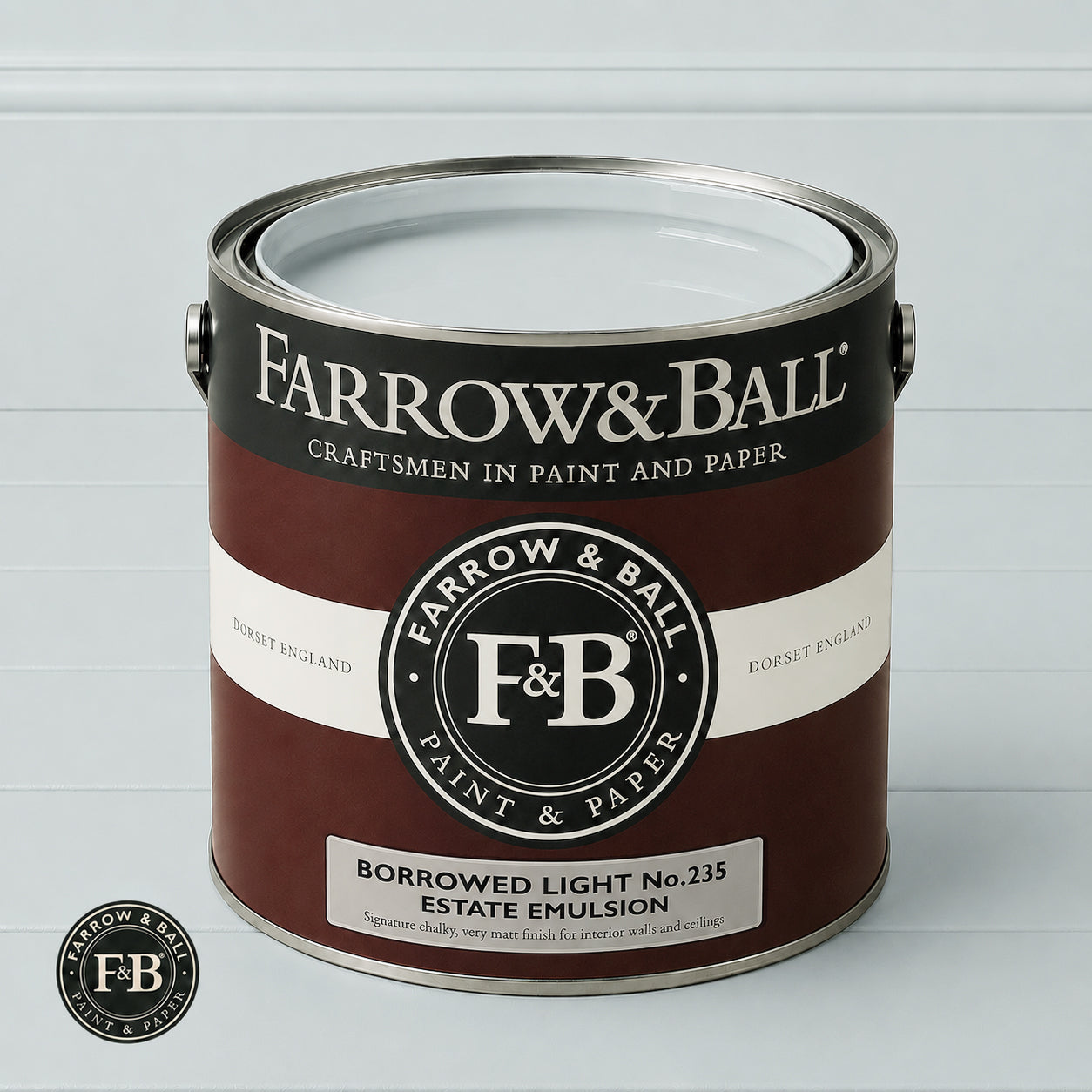 Farrow & Ball Borrowed Light No.235 paint colour in open paint tin