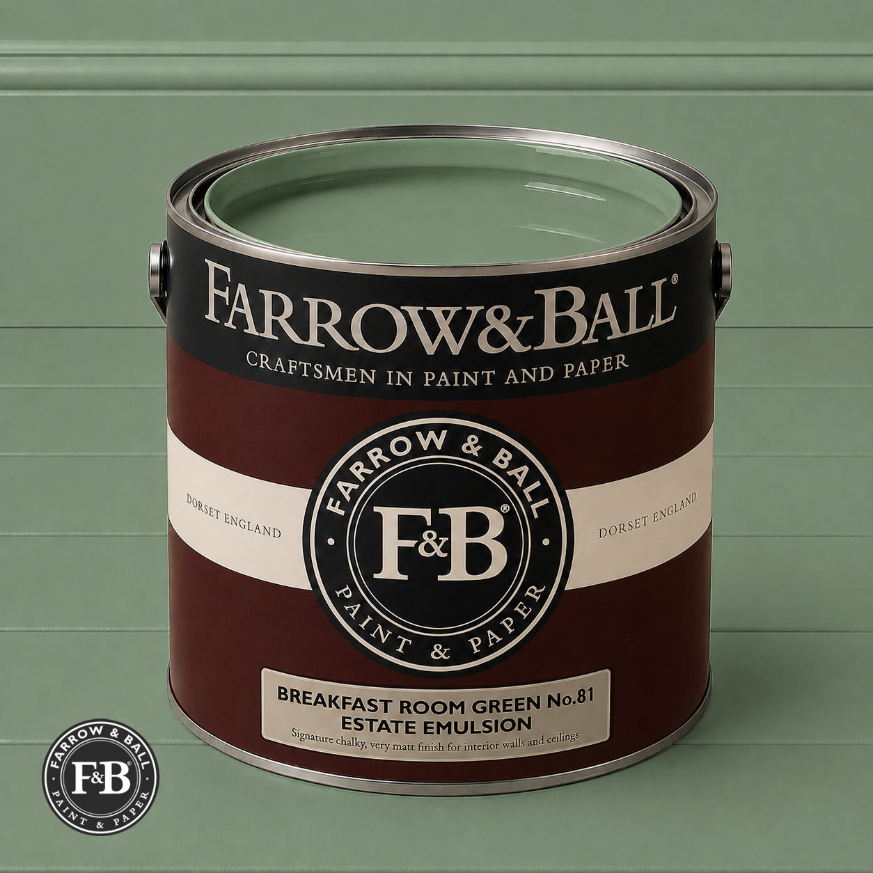 Farrow & Ball Breakfast Room Green No.81 paint colour in open paint tin