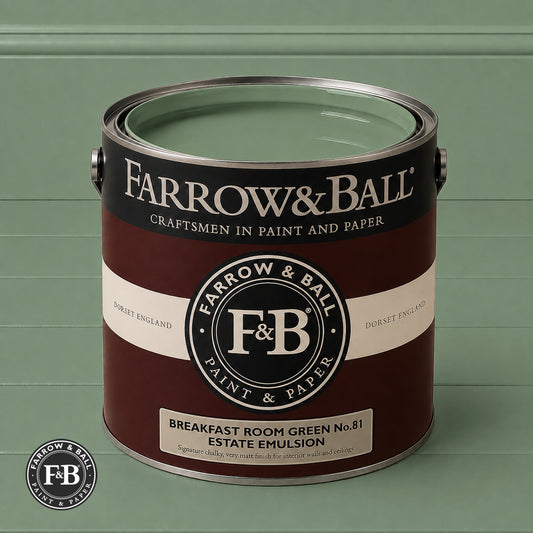 Farrow & Ball Breakfast Room Green No.81 paint colour in open paint tin