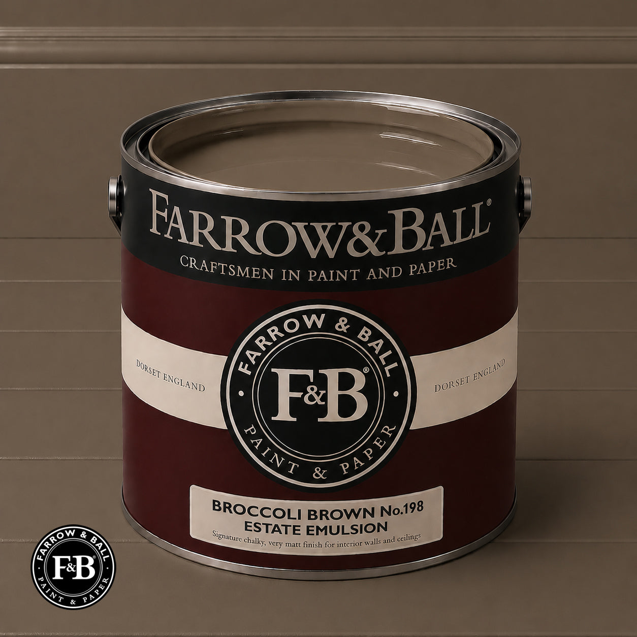 Farrow & Ball Broccoli Brown No.198 Estate Emulsion paint colour sample and paint tin