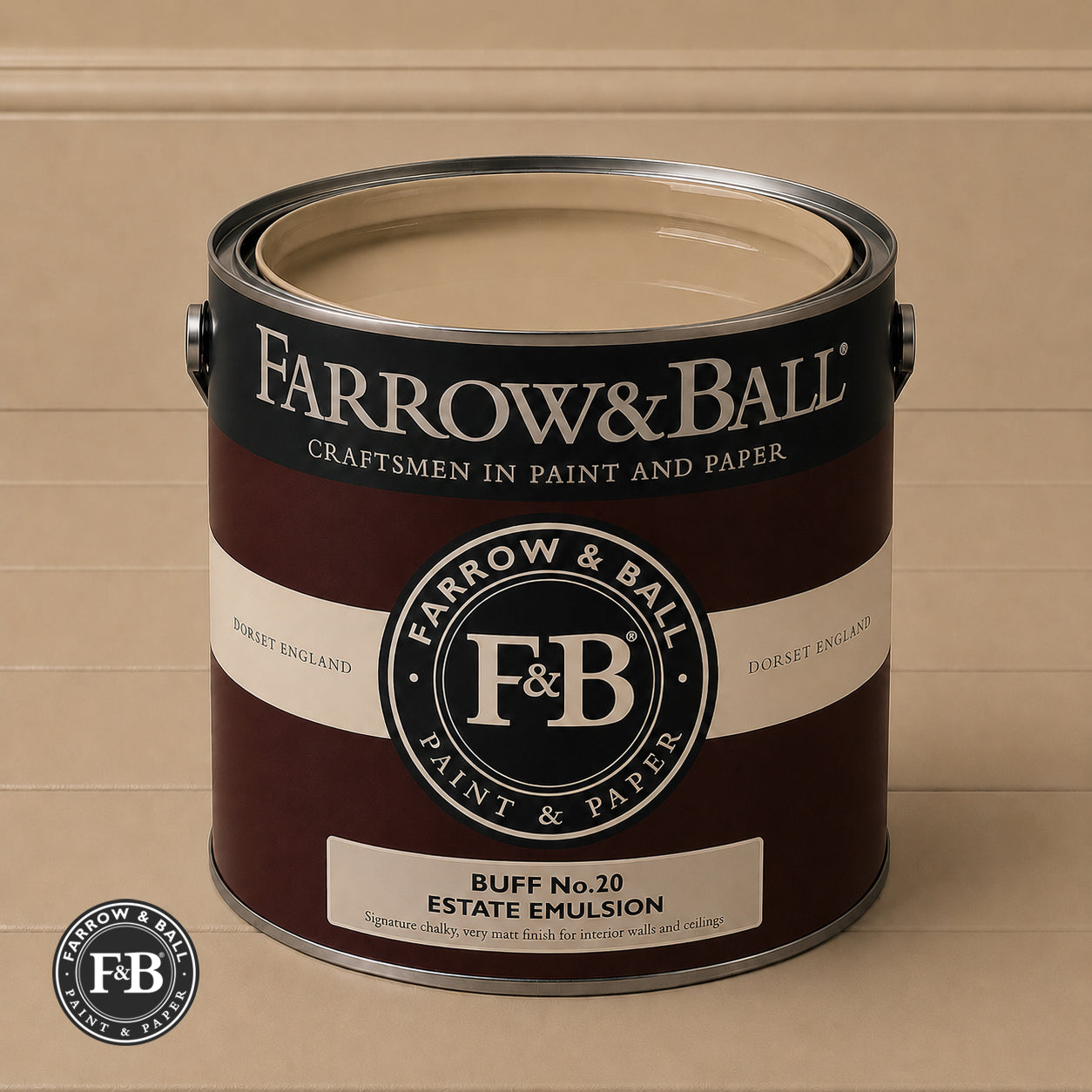 Farrow & Ball Buff No.20 Estate Emulsion paint colour sample and paint tin

