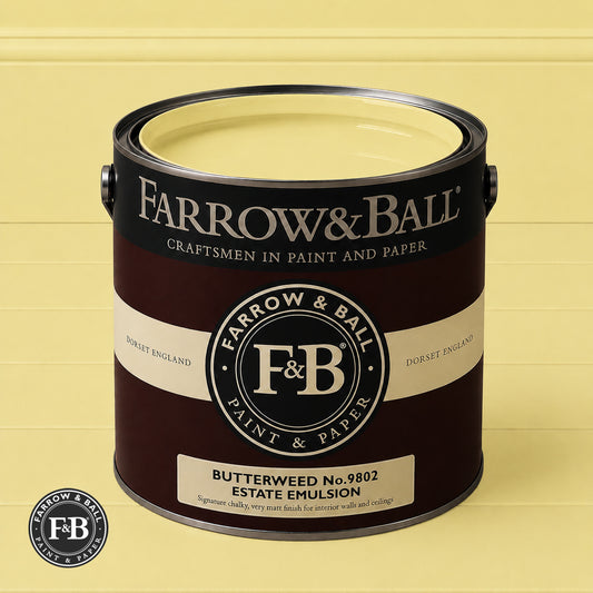 Farrow & Ball Butterweed No.9802 Estate Emulsion paint colour sample and paint tin

