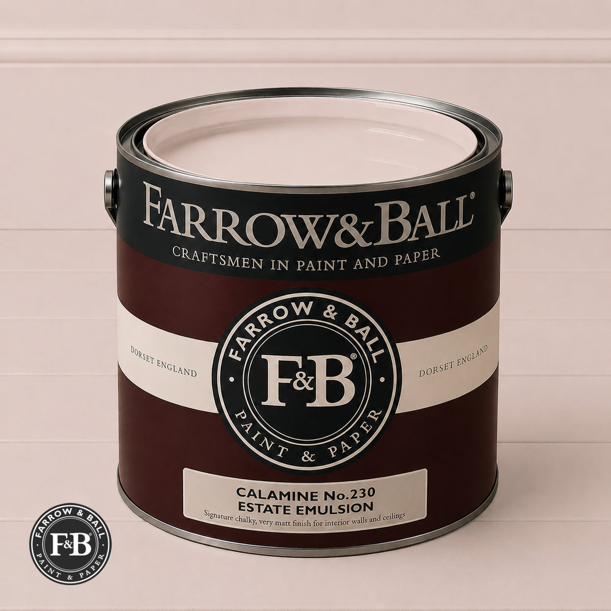 Farrow & Ball Calamine No.230 paint colour in open paint tin