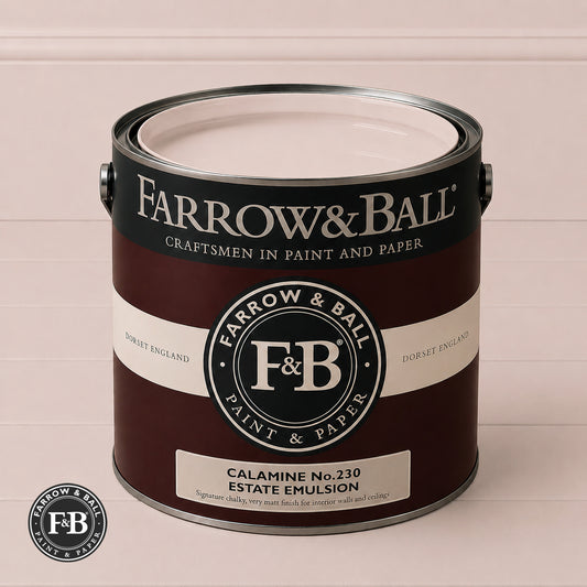 Farrow & Ball Calamine No.230 paint colour in open paint tin
