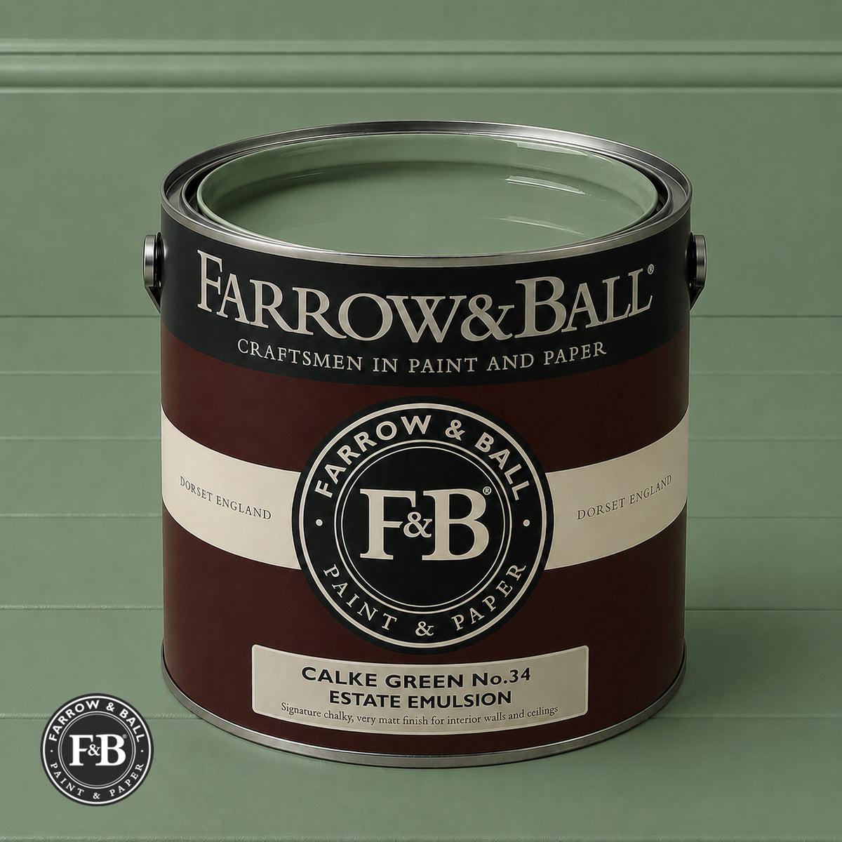 Farrow & Ball Calke Green No.34 paint colour in open paint tin