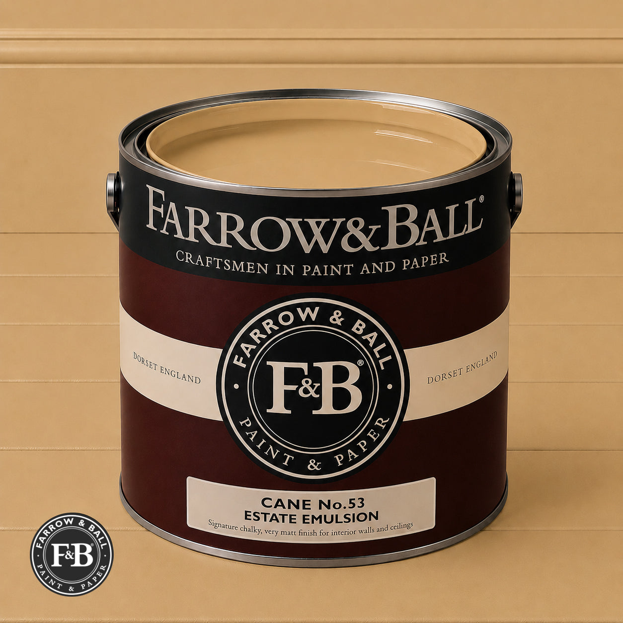 Farrow & Ball Cane No.53 paint colour in open paint tin