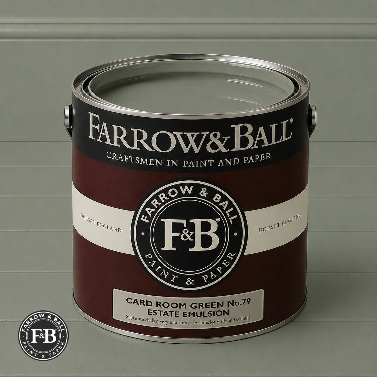 Farrow & Ball Card Room Green No.79 paint colour in open paint tin
