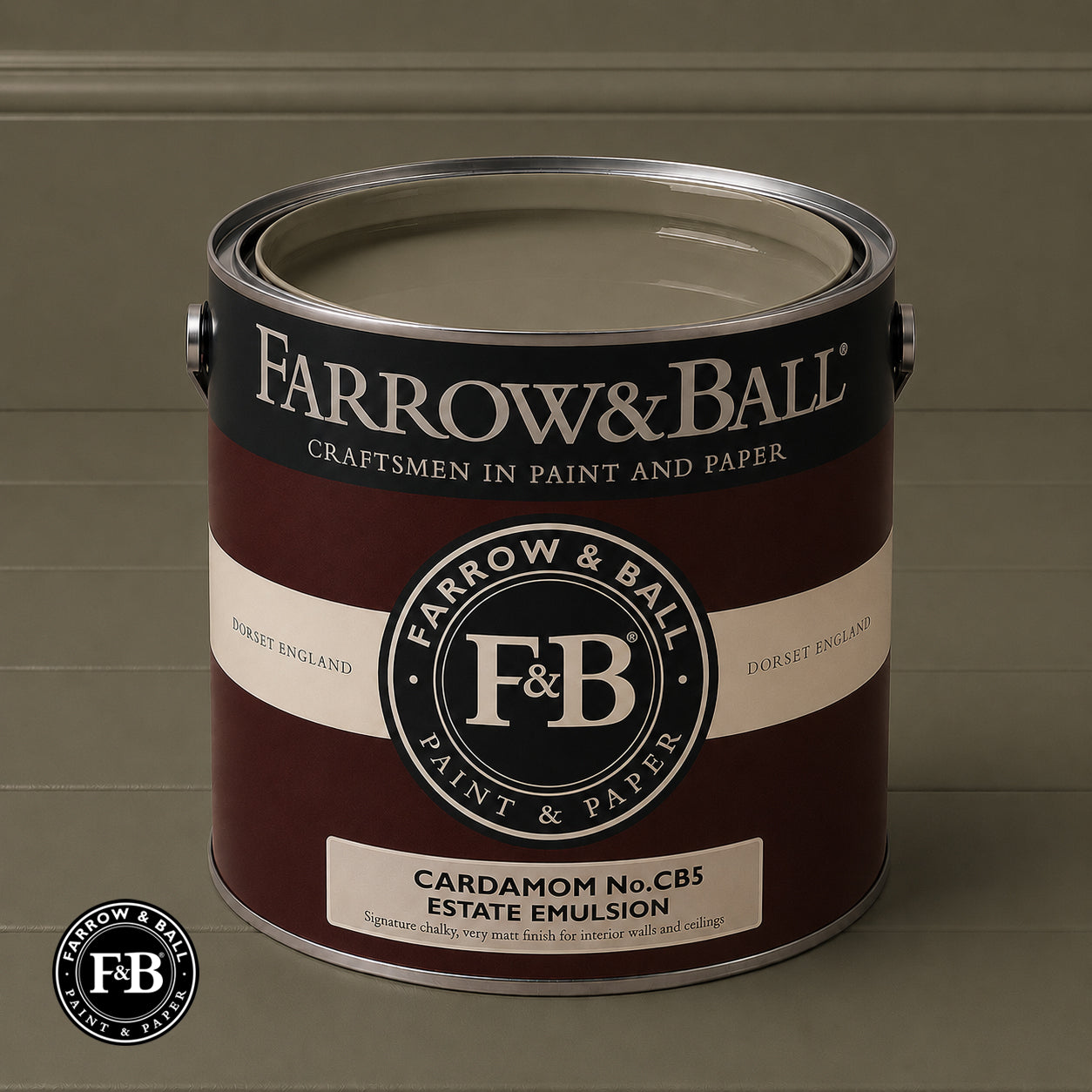 Farrow & Ball Cardamom No.CB5 Estate Emulsion paint colour sample and paint tin