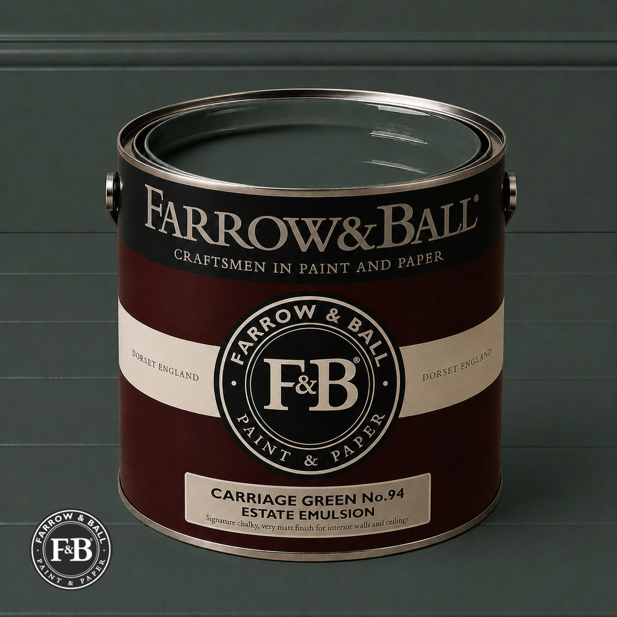 Farrow & Ball Carriage Green No.94 paint colour in open paint tin