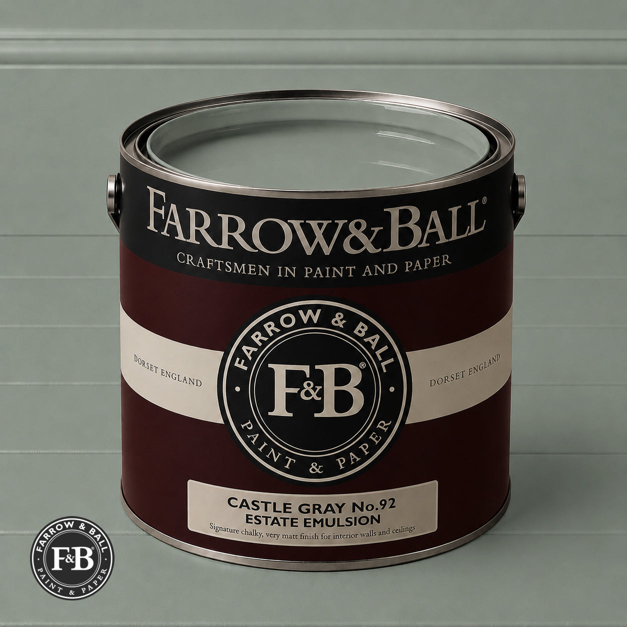 Farrow & Ball Castle Gray No.92 Estate Emulsion paint colour sample and paint tin
