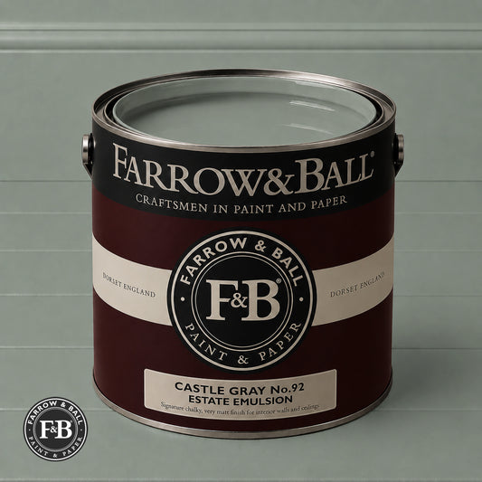 Farrow & Ball Castle Gray No.92 Estate Emulsion paint colour sample and paint tin
