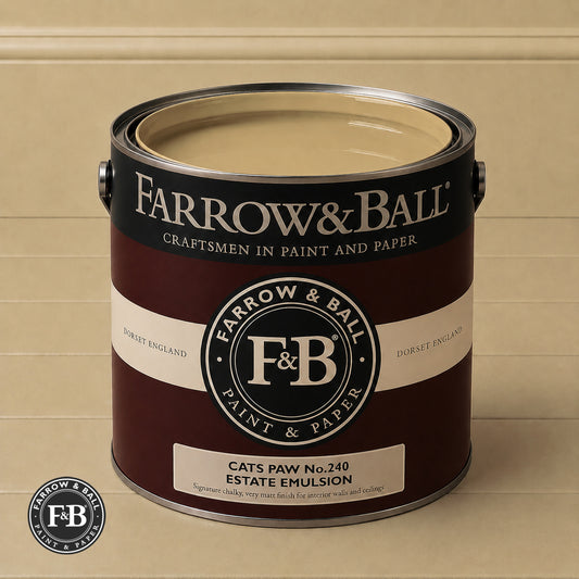 Farrow & Ball Cats Paw No.240 Estate Emulsion paint colour sample and paint tin
