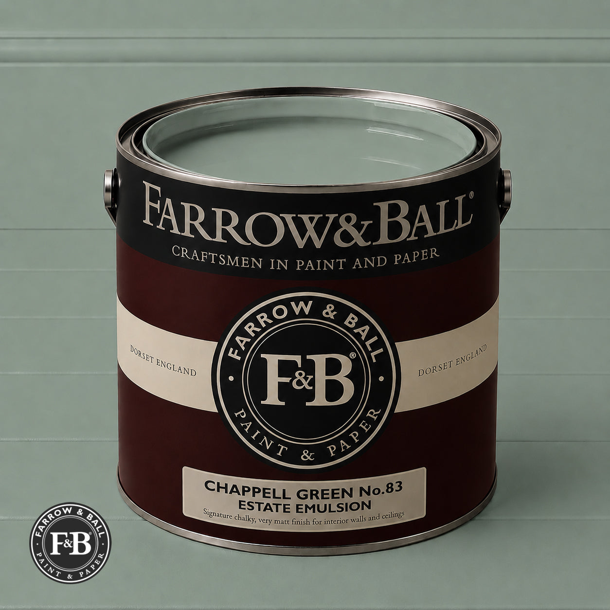 Farrow & Ball Dyrehaven No.9819 Estate Emulsion paint colour sample and paint tin